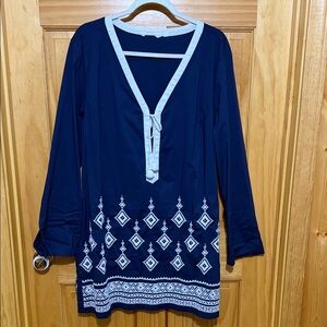 NWT- Athleta Navy & White Embroidered V‑Neck Swim Coverup with Tassels, Size XL.